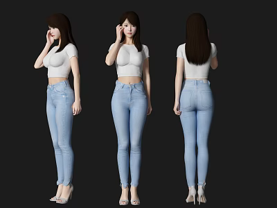 Woman Wearing White Top Light Blue Skinny Jeans and High Heels in Three Different Angles 3d model