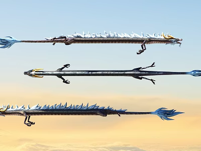 Mythical Flying Dragons Soaring in Sunset Sky With Blue Tails and Spiked Bodies 3d model