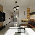 Modern Living and Dining Room Interior With Wooden TV Wall Brown Sofa And Hanging Lights