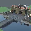 Ancient City Gate Architecture With Traditional Roof Red Flags City Wall And Water Reflection
