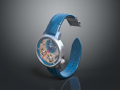 Elegant Mechanical Watch With Blue Leather Strap And Skeleton Dial Design 3d model