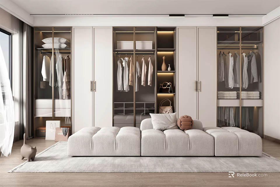Modern Walk in Closet Interior With White Cabinets Hanging Clothes And Upholstered Bench 3d model 