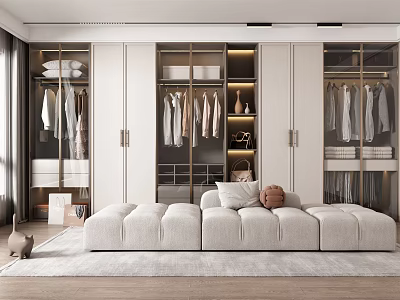 Modern Walk in Closet Interior With White Cabinets Hanging Clothes And Upholstered Bench 3d model