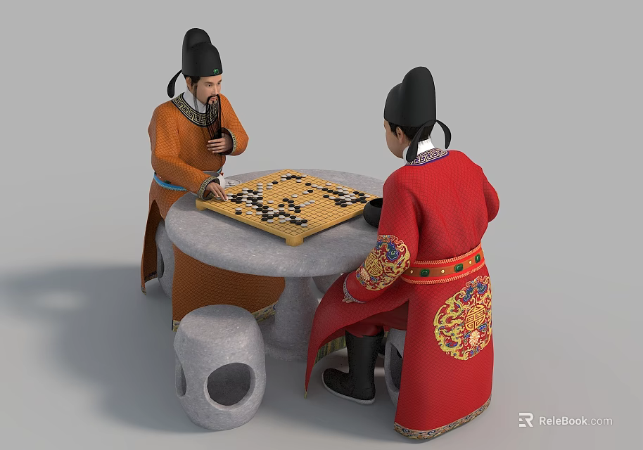 Two Men In Traditional Chinese Clothing Playing Go Game At Stone Table 3d model 