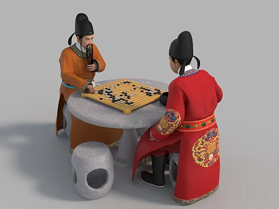 Two Men In Traditional Chinese Clothing Playing Go Game At Stone Table 3d model