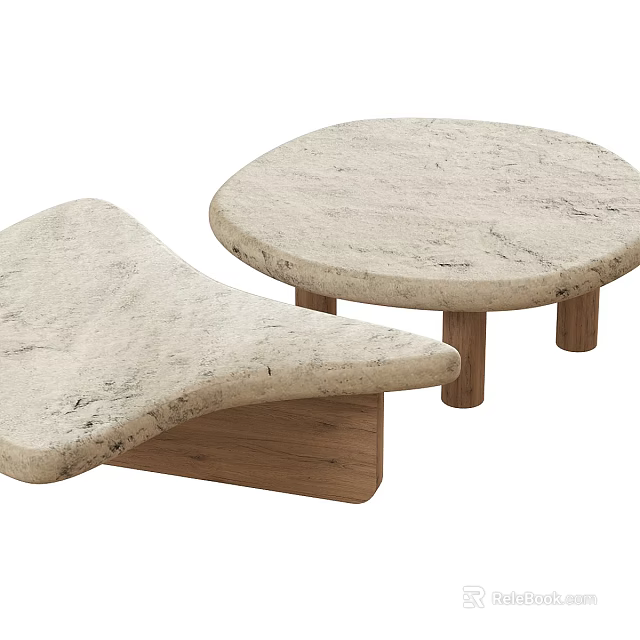 Two Round And Curved Stone Coffee Tables With Textured Surface And Wooden Legs Modern Design 3d model 