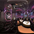 Modern KTV Room Interior With Purple Pink Lighting And Black Leather Sofas