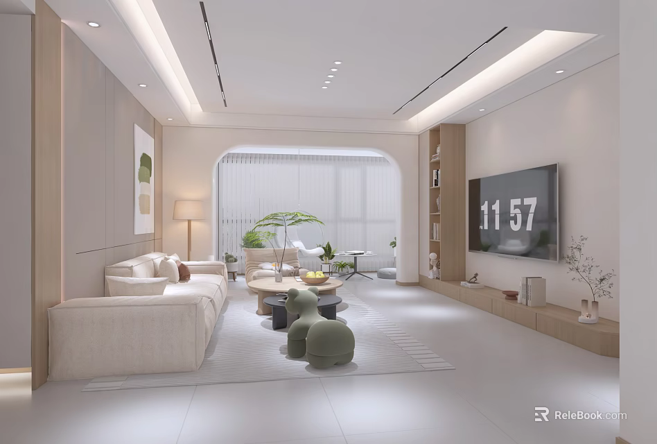 Bright Modern Minimalist Open Living And Dining Room With Warm Cozy Neutral Home Interior Design 3d model 