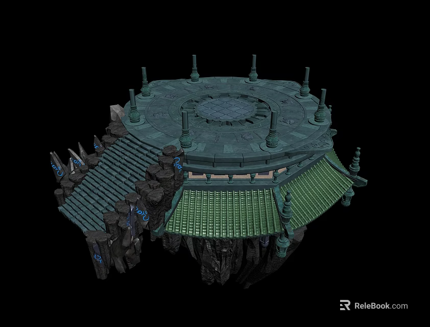 Ancient Floating Platform Featuring Green Roof Ornate Towers And Intricate Design 3d model 