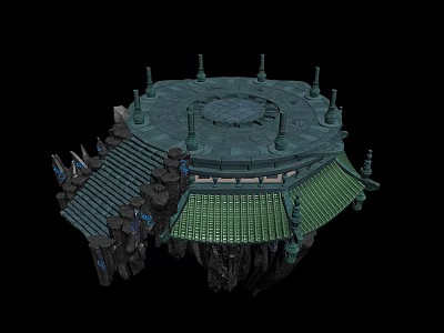 Ancient Floating Platform Featuring Green Roof Ornate Towers And Intricate Design 3d model