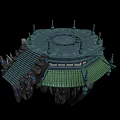 Ancient Floating Platform Featuring Green Roof Ornate Towers And Intricate Design