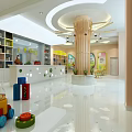 Kindergarten Indoor Space With Bright Lighting Colorful Tables Chairs Decorative Paintings And Bookshelves