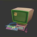 Vintage Computer With Green Screen Monitor Yellow Sticky Note Keyboard And Cables