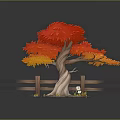 Vibrant Tree With Red And Orange Leaves Thin Trunk Wooden Fence Stones And Small Flowers