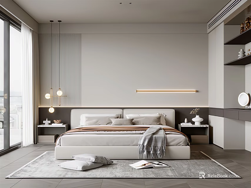 Modern Bedroom Interior With Spacious Bed Bedside Wall Light Nightstands And Soft Rug 3d model