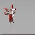 Traditional Female Character In Red White Robe With Pink Fox Tails And White Feline Creature