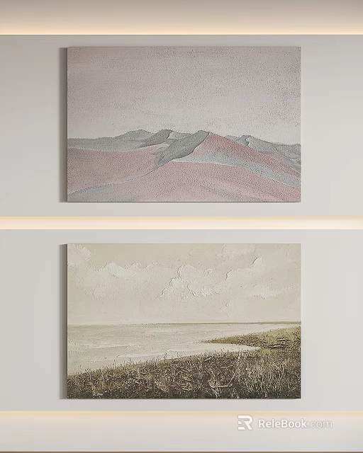 Canvas Artwork with Pink Gray Mountain and Seascape Beach Sky View 3d model