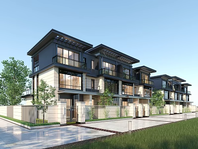 Modern Townhouse Exterior Design With Balconies Large Windows And Lush Greenery 3d model