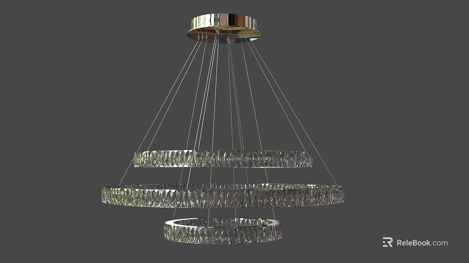Elegant Multi Tiered Crystal Chandelier with Hanging Circular Rings and Metallic Accents 3d model 