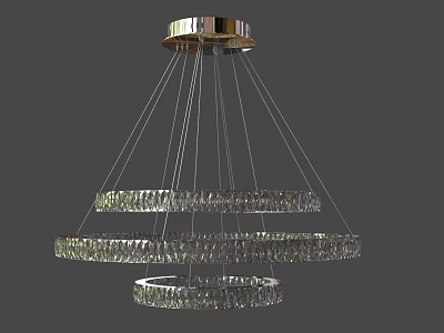 Elegant Multi Tiered Crystal Chandelier with Hanging Circular Rings and Metallic Accents 3d model