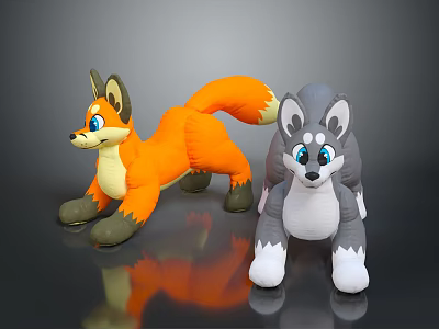 Cute Game Movie Character Plush Toys Orange Fox And Gray White Wolf 3d model