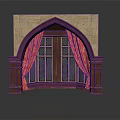 Arched Architectural Window With Stone Wall Wooden Frame Red Curtains And Lattice Glass