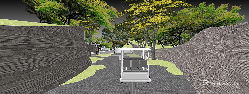 Garden Landscape With Brick Path Green Yellow Trees And White Golf Cart 3d model 