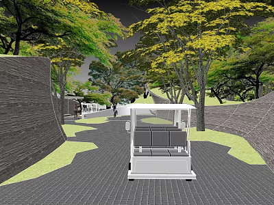 Garden Landscape With Brick Path Green Yellow Trees And White Golf Cart 3d model