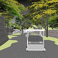 Garden Landscape With Brick Path Green Yellow Trees And White Golf Cart