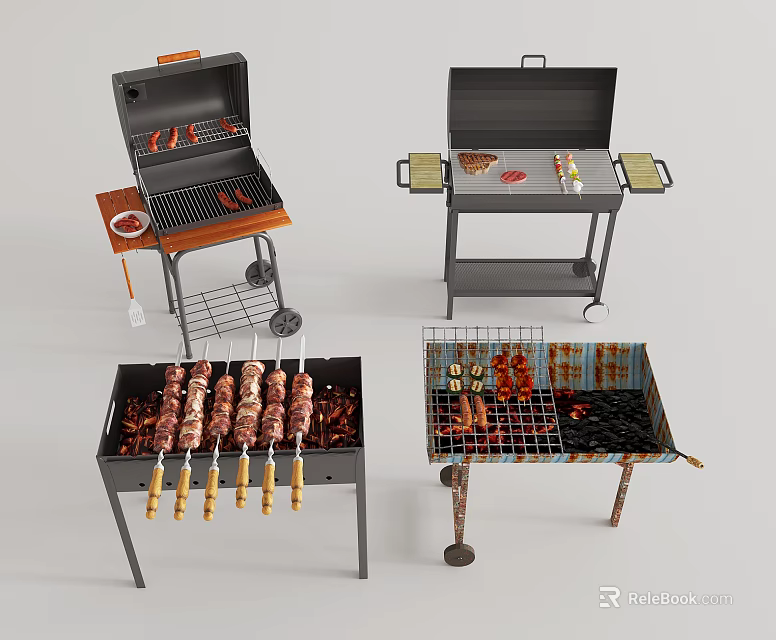Outdoor Barbecue Grills With Various Designs Skewers Sausages Meat And Grilling Racks 3d model 