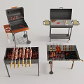 Outdoor Barbecue Grills With Various Designs Skewers Sausages Meat And Grilling Racks