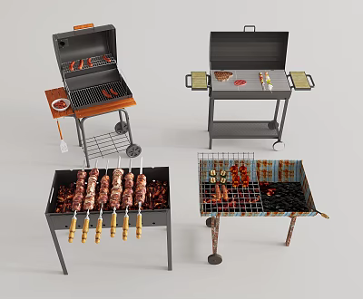 Outdoor Barbecue Grills With Various Designs Skewers Sausages Meat And Grilling Racks 3d model