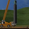 Modern Construction Site With Yellow Crane Lifting Cylindrical Pillar Against Green Hills And Blue Sky
