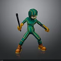 Green And Yellow Striped Cartoon Character In Bodysuit With Helmet Holding Stick And Orange Boots