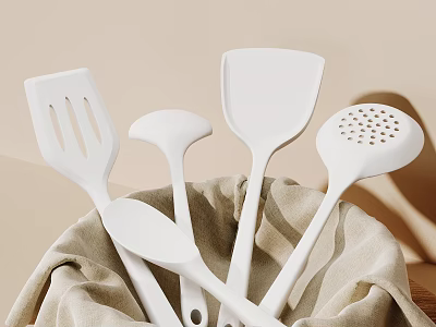 White Kitchen Utensils Set With Spatula And Ladle In Cloth 3d model