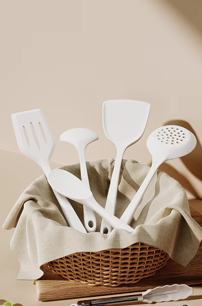 White Kitchen Utensils Set With Spatula And Ladle In Cloth 3d model