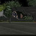 Modern Green Community Fence Decorated with Lush Plants in Night Scene and Pedestrians