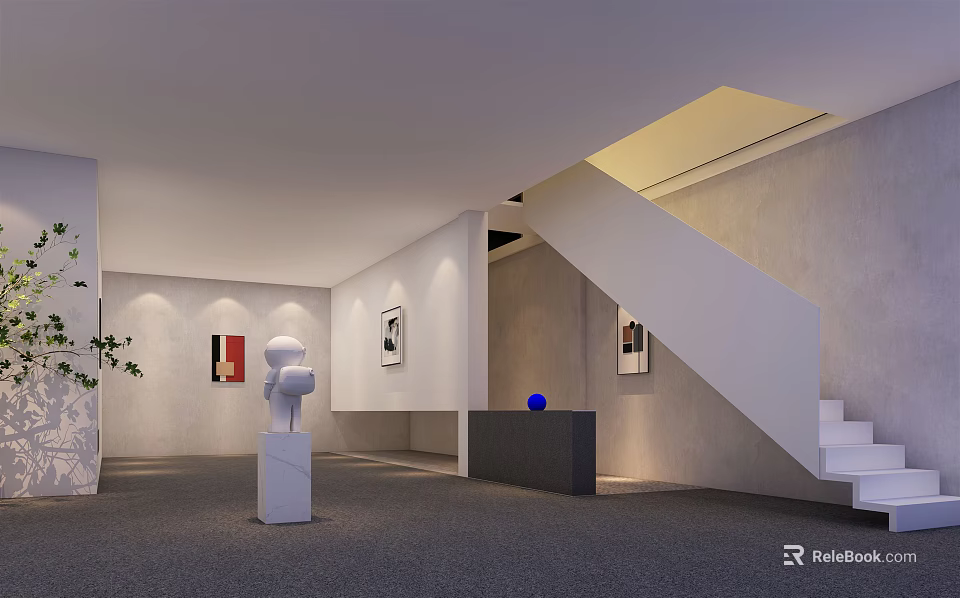Modern Interior Space With Staircase Sculpture Artworks And Display Stand 3d model 