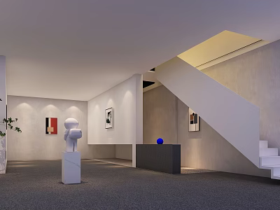 Modern Interior Space With Staircase Sculpture Artworks And Display Stand 3d model