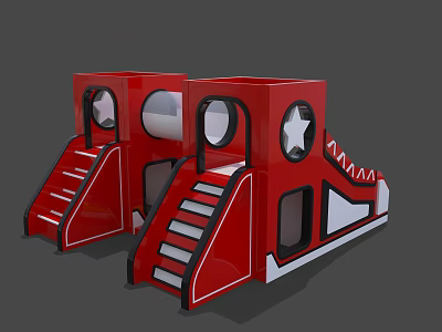 Red Playground Equipment with Dual Structures Stairs Round Windows and Star Decorations 3d model