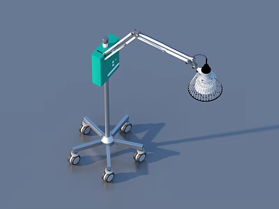 Wheeled Medical Equipment With Adjustable Arm Green Base And Medical Lamp 3d model