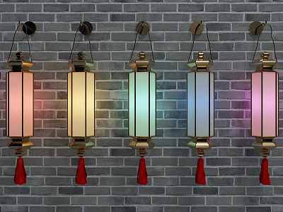 Chinese Style Wall Lamps With Colorful Lighting And Red Tassels On Brick Wall 3d model