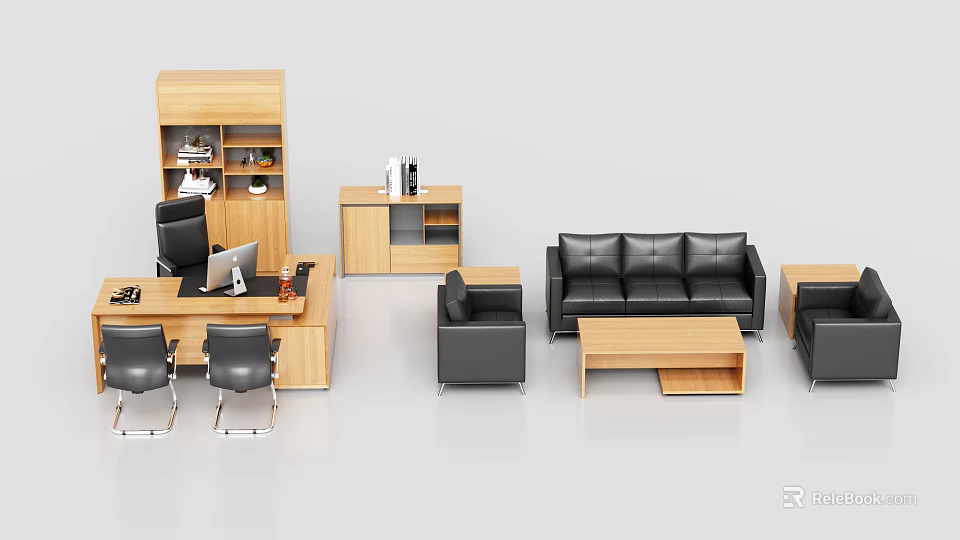 Modern Office Desk Setup With Wooden Bookshelf Black Sofa And Computer 3d model