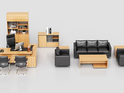 Modern Office Desk Setup With Wooden Bookshelf Black Sofa And Computer 3d model