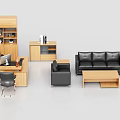 Modern Office Desk Setup With Wooden Bookshelf Black Sofa And Computer 3d model