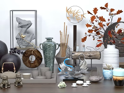 Decorative Ornament Set With Ceramic Vase Metal Sculpture Dried Flowers And Tea Set 3d model