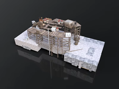 Construction Site 3D Model Featuring Scaffolding Platform Stone Blocks And Materials 3d model