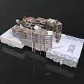 Construction Site 3D Model Featuring Scaffolding Platform Stone Blocks And Materials