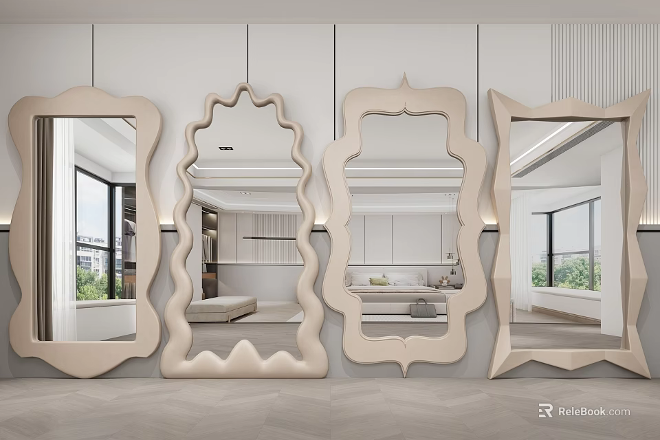 Four Unique Shaped Mirrors Arranged Together In Modern Interior With Window And Furniture Reflections 3d model 