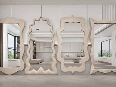 Four Unique Shaped Mirrors Arranged Together In Modern Interior With Window And Furniture Reflections 3d model